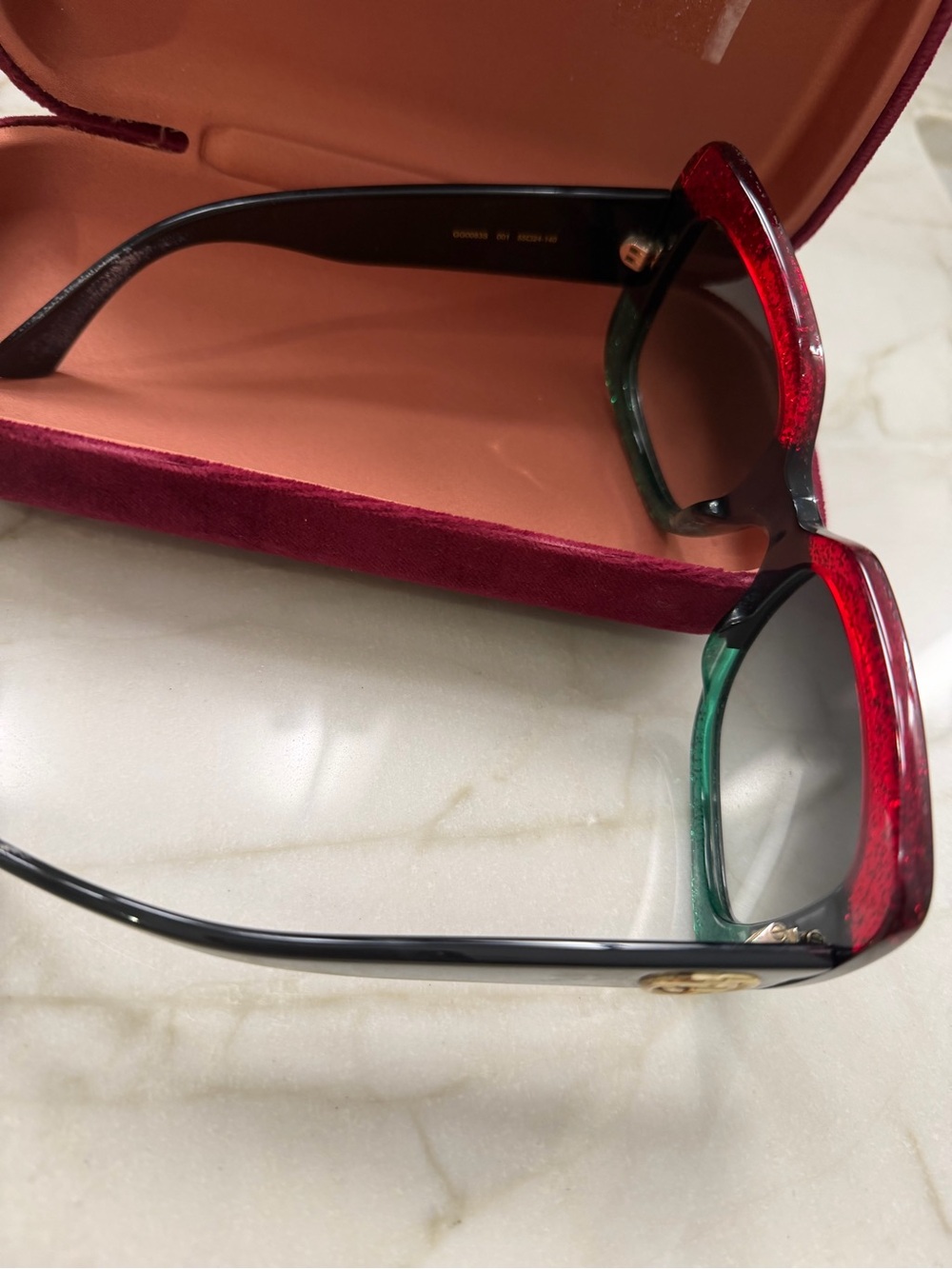 Gucci Two-Tone Red & Green Glitter Square Sunglasses - Picture 2 of 4